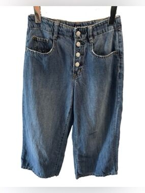 GAP Linen Blend High-Rise Wide Leg Exposed Button-Fly Cropped Denim Jeans 25R